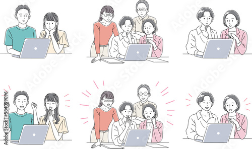 様々な表情でノートパソコン操作するビジネスパーソンのイラストセット