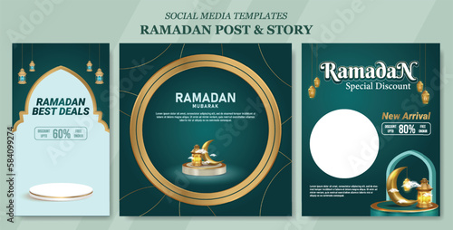 Set islamic digital banner templates. Ramadan social media story and post vector illustration. Ramadan sale islamic festival