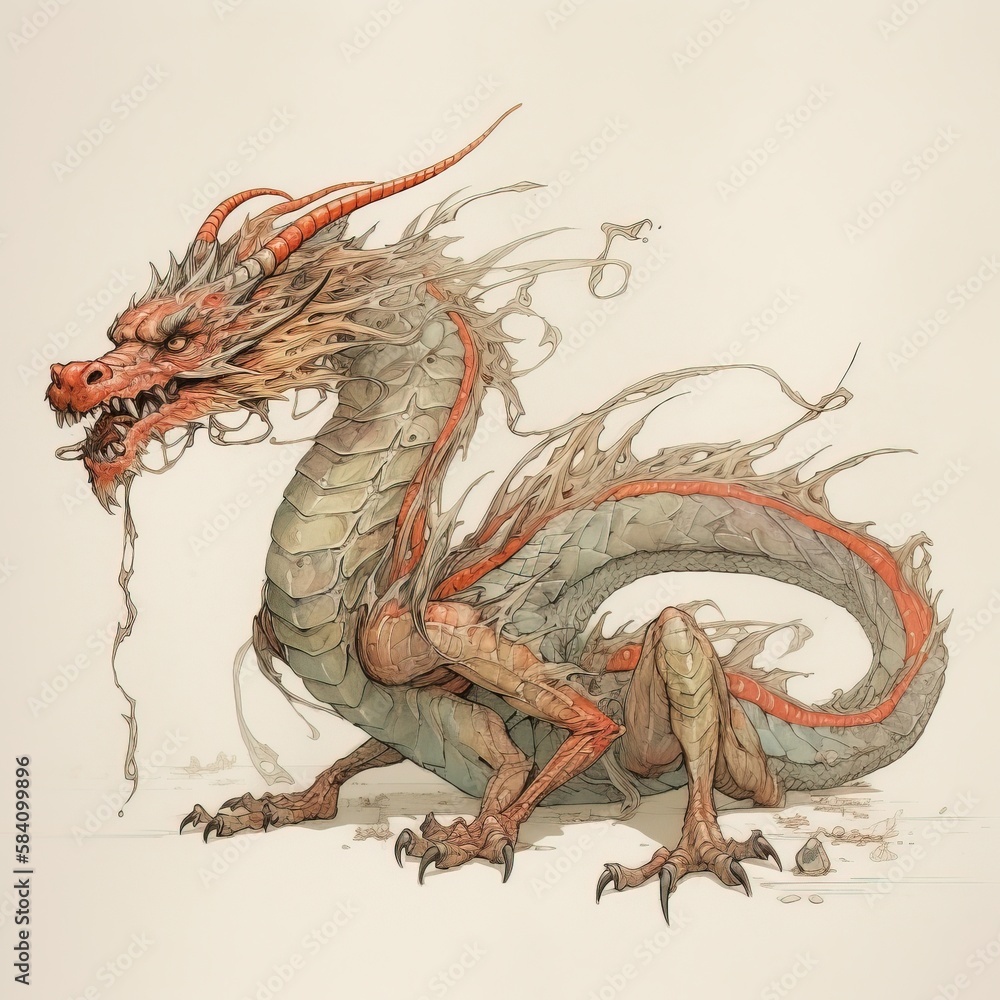 Obraz premium Fantasy illustration of a Chinese Dragon. Generative AI.