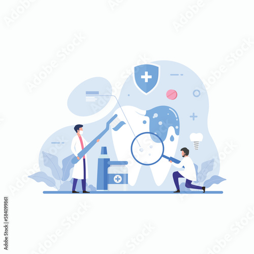 Dentist concept. Dental doctor in uniform treating human teeth using medical equipment. Idea of dental and oral hygiene. Caries treatment. Flat vector illustration
