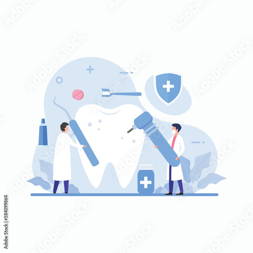 Dentist concept. Dental doctor in uniform treating human teeth using medical equipment. Idea of dental and oral hygiene. Caries treatment. Flat vector illustration