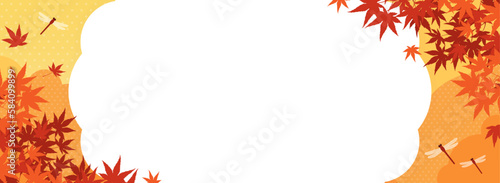 秋の紅葉と赤とんぼの舞う風景　フレーム・背景素材（バナー向け横長）