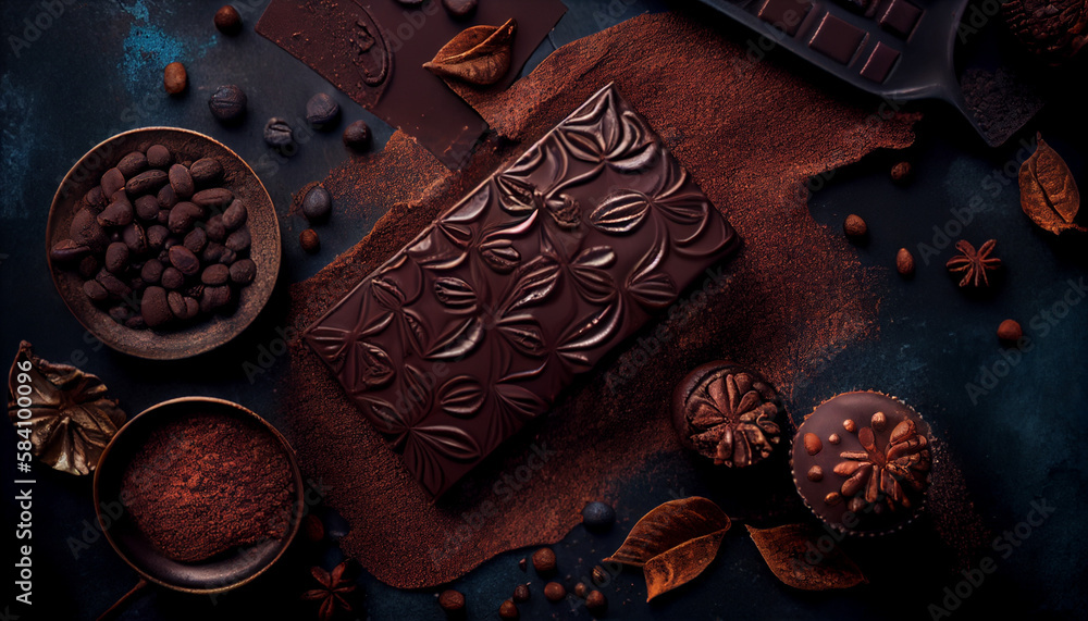 chocolate and cocoa powder on dark slate background with copy space, high angle view from above, selected focus chocolate and cocoa powder on dark slate background with copy space, high angle view from above, selected focus