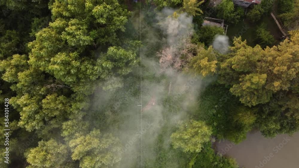 Fire smoke in Amazon rainforest close to river. Aerial top-down orbiting directly above Fire smoke in Amazon rainforest close to river. Aerial top-down orbiting directly above