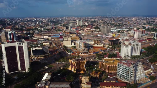 Aerial panorama of downtown Yaounde, Cameroon. Traffic at the La Poste Centrale de Yaoundé photo