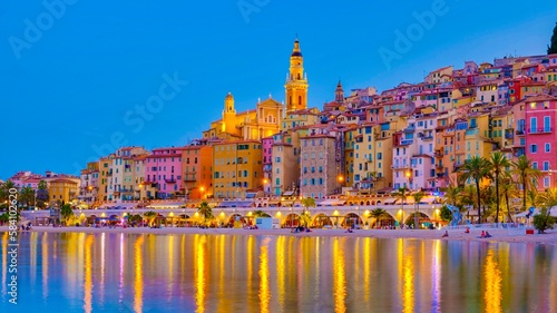 View on the old part of Menton, Provence-Alpes-Cote d'Azur, France Europe during a summer evening. Menton French rivieraa photo