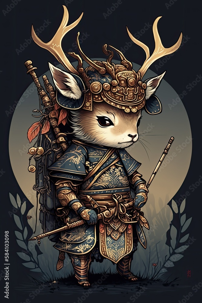 Samurai Armor Deer Chibi Illustration Cute and Dynamic AnimeStyle
