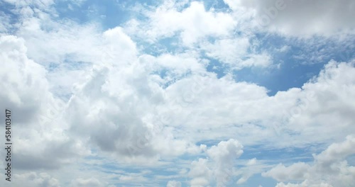 Beautiful movement of fluffy clouds with clear blue sky, Aerial view of sky with countryside rural fields and villages,Clouds floating.