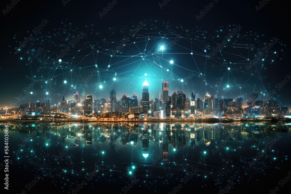 smart connected city, futuristic networks and lights, night aerial landscape, generative ai