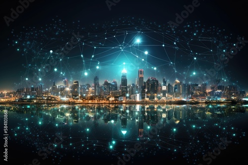 smart connected city, futuristic networks and lights, night aerial landscape, generative ai