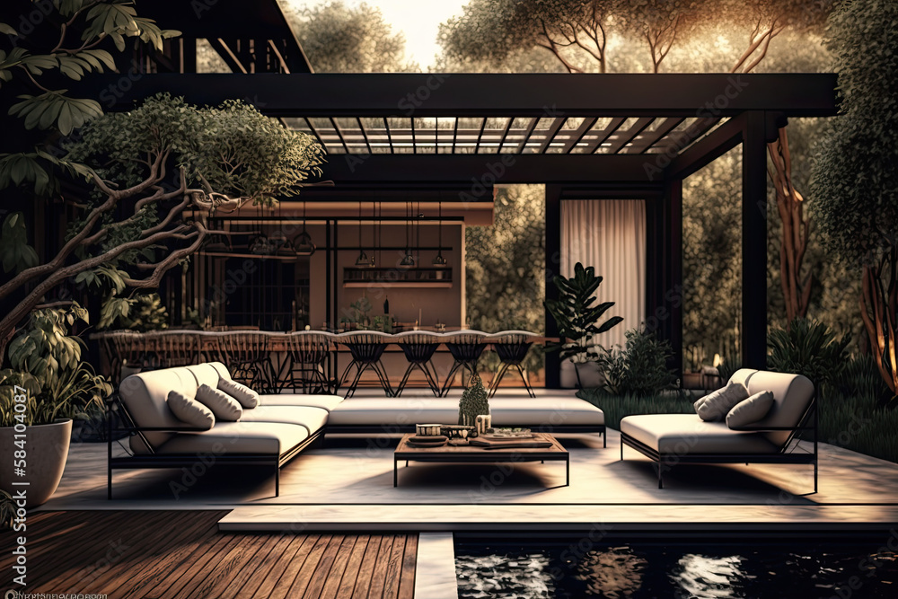 Interior design of a lavish side outside garden at morning, with a teak hardwood deck and a black pergola. Scene in the evening with couches and lounge chairs by the pool, generative AI