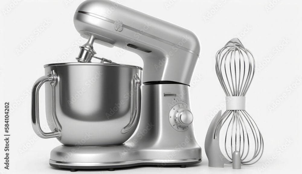 Silver food processor with whisk on white background isolated, kitchen electric mixer, Modern kitchen appliance for cooking, Generate Ai Silver food processor with whisk on white background isolated, kitchen electric mixer, Modern kitchen appliance for cooking, Generate Ai