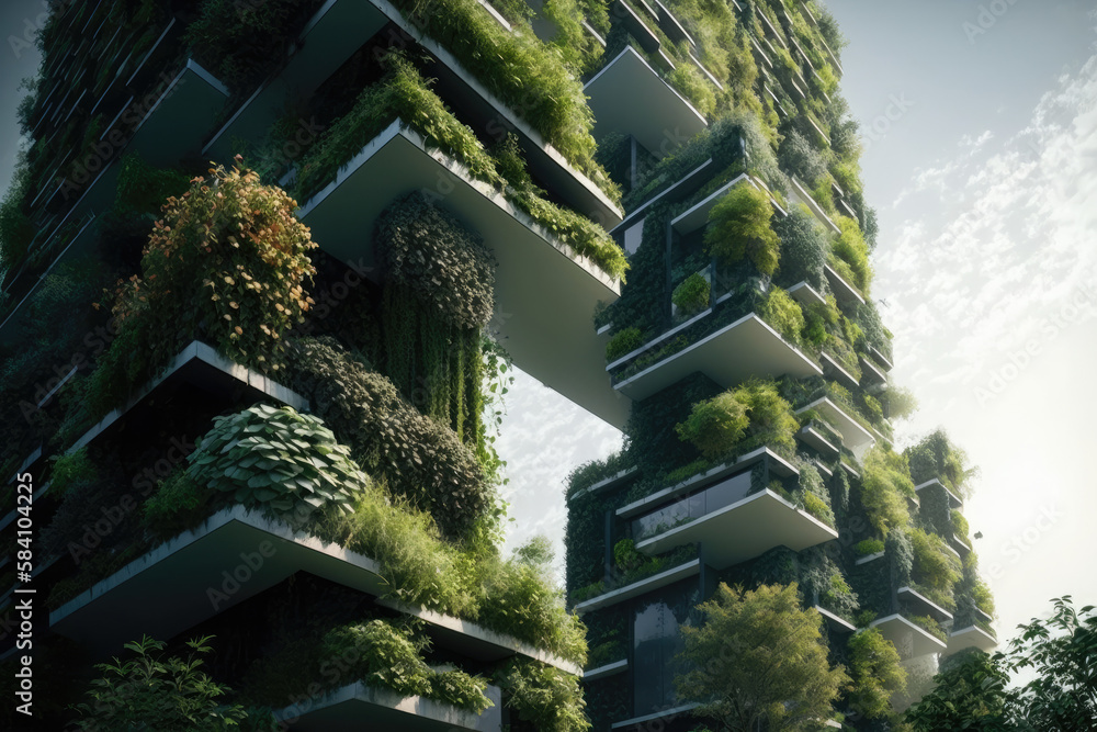 vertical garden as a sustainable way of building construction for a greener future, city of the future concept, generative AI
