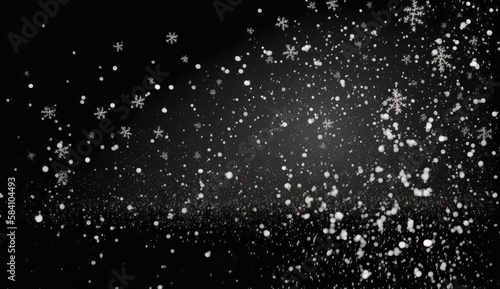 Snowflakes falling down on black background, heavy snow flakes isolated, Flying rain, overlay effect for composition, Generate Ai