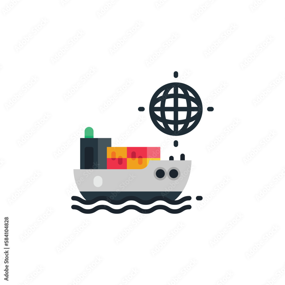 Cargo ship with globe, shipment flat icons. Vector illustration. Isolated icon suitable for web, infographics, interface and apps.