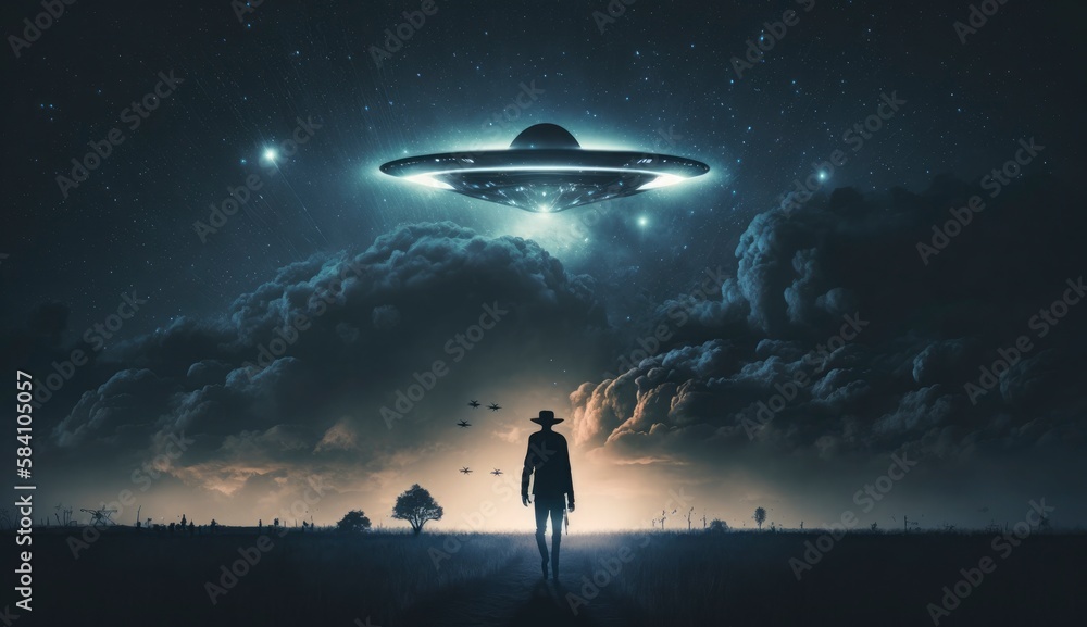 Flying saucer flies at night in sky over silhouette of man standing in field. Invasion of extraterrestrial intelligence on an intergalactic ship. Alien abduction. Created with Generative AI Flying saucer flies at night in sky over silhouette of man standing in field. Invasion of extraterrestrial intelligence on an intergalactic ship. Alien abduction. Created with Generative AI