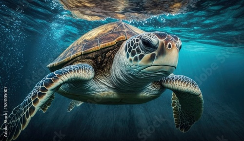 Sea turtle swimming underwater in blue ocean water. Created with Generative AI
