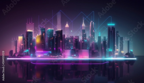 Smart city and big data concept. Futuristic cityscape at night with neon colors. City infrastructure hologram. Created with Generative AI