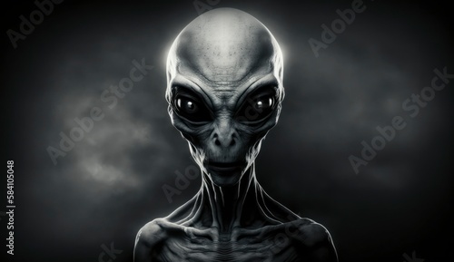 Alien humanoid portait on dark background. Invasion of extraterrestrial. Alien abduction. Created with Generative AI