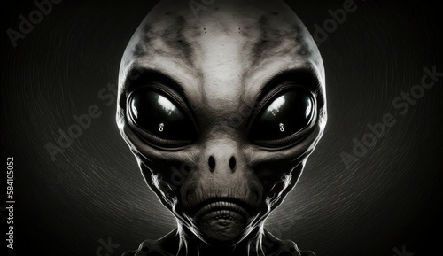 Alien humanoid portait on dark background. Invasion of extraterrestrial. Alien abduction. Created with Generative AI