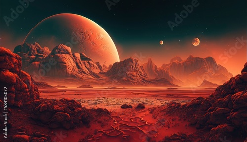 Landscape of unknown red planet surface with craters and mountains. Extraterrestrial landscape. Fantasy world. Created with generative ai