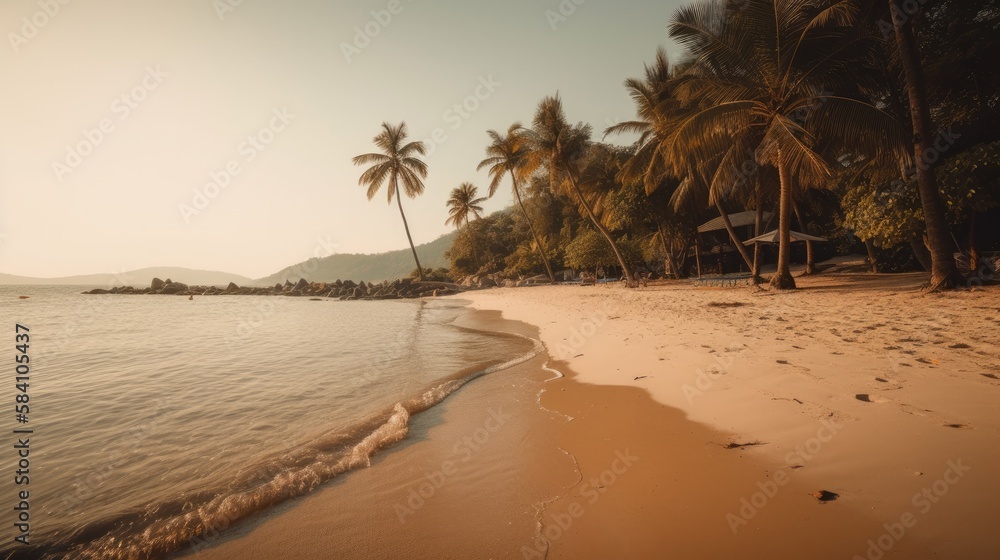 Golden Sands: A Beautiful Beach Scene with Palm Trees and White Umbrellas, AI Generative