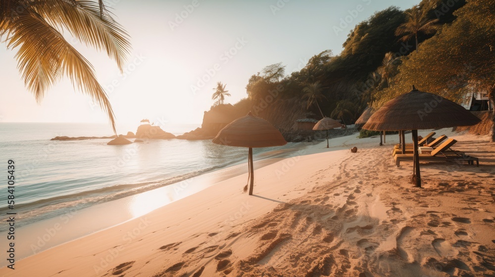 Paradise Cove: A Beautiful Beach with Palm Trees and Soft Golden Sands, AI Generative
