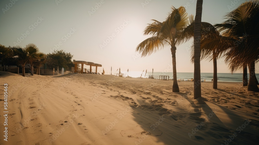 Paradise Sands: A Beautiful Beach with Palm Trees and White Umbrellas, AI Generative
