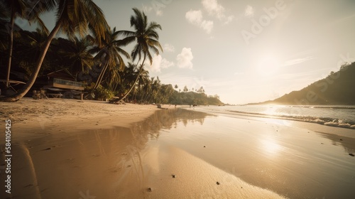 A Paradise Retreat  A Golden Beach with Palm Trees and Crystal Clear Waters  AI Generative