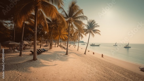 Serenity Beach: A Peaceful Paradise with Palm Trees and White Umbrellas, AI Generative 