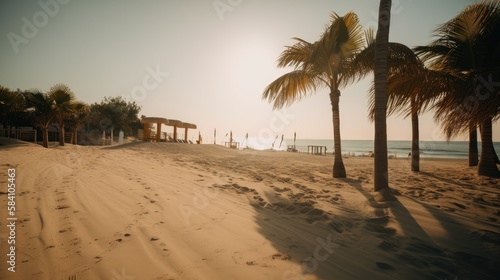 Paradise Sands: A Beautiful Beach with Palm Trees and White Umbrellas, AI Generative 