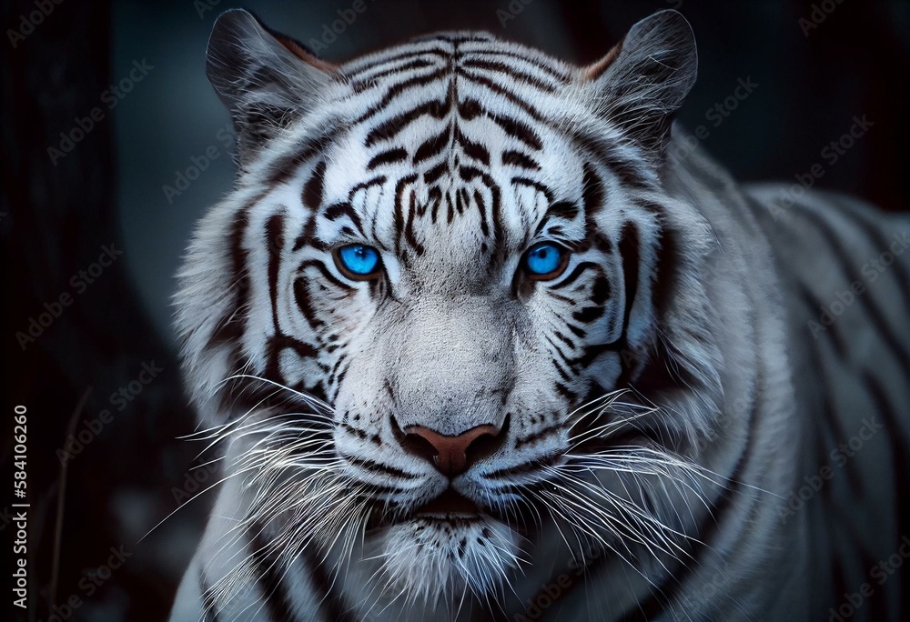 A white tiger with beautiful blue eyes. Generative AI Stock