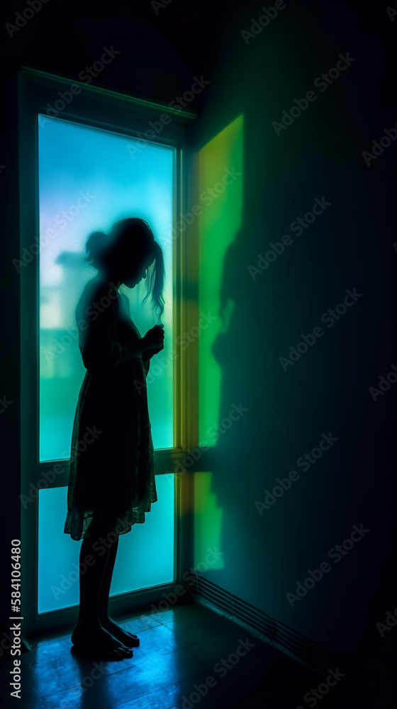 Silhouette women front of windows looking at the wall with blue and green ambience light room. Generative AI