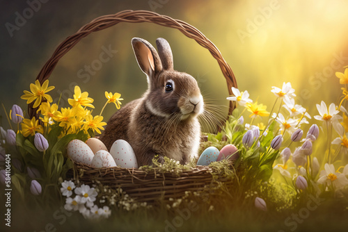 Illustration of an easter bunny sitting in a basket
