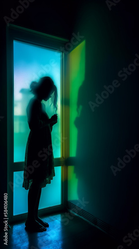 Silhouette women front of windows looking at the wall with blue and green ambience light room. Generative AI