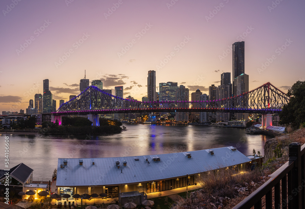 The Iconic Story Bridge at dusk on the Brisbane river in Queensland, Australia