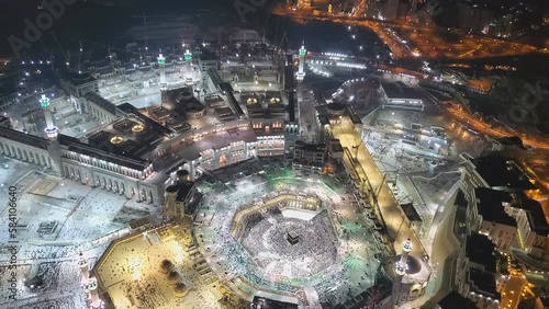 MECCA, SAUDI ARABIA - View of the central square of Mecca near the Masjid al-Haram from the balcony at the top of the clock tower or Abraj al-Bayt.