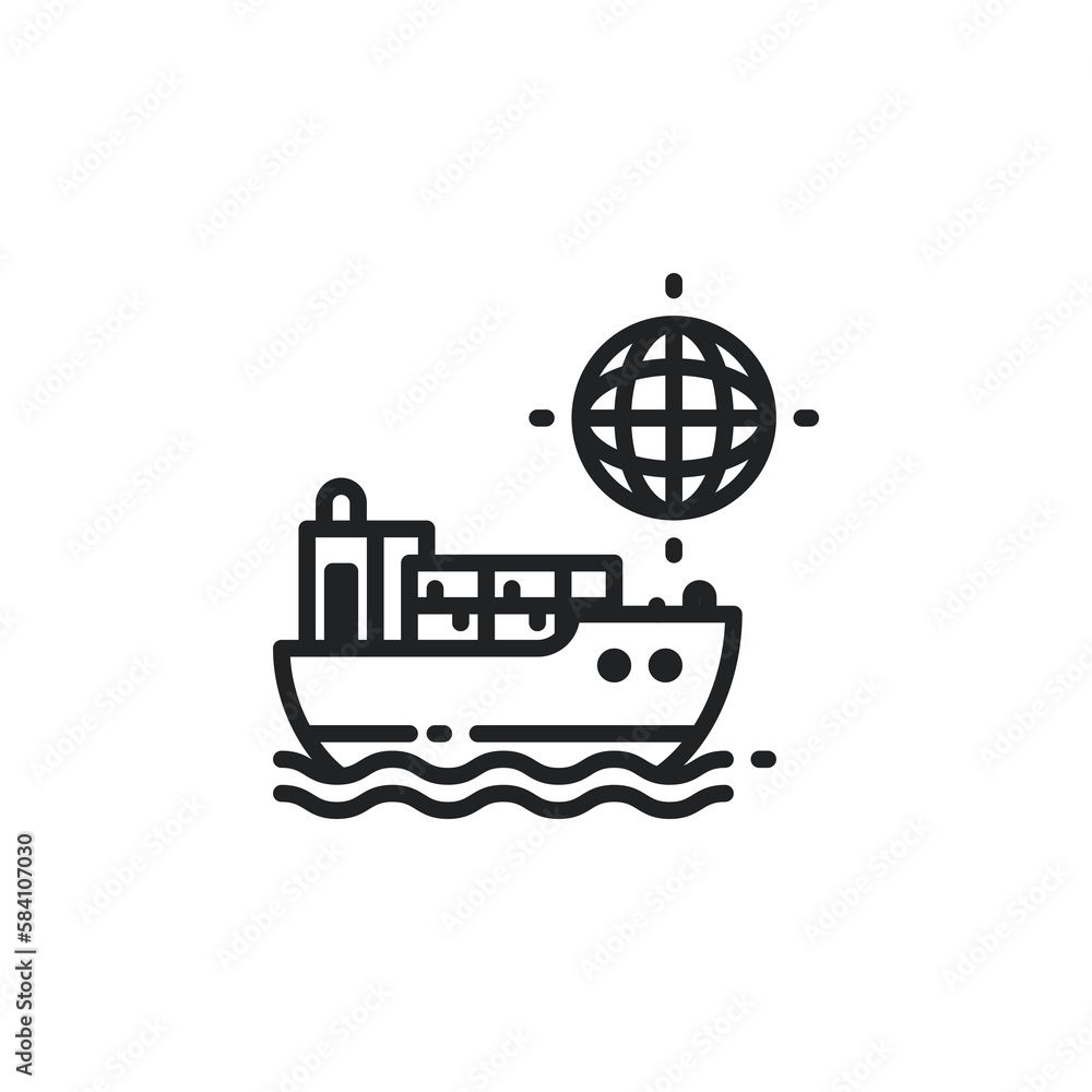 Cargo ship with globe, shipment outline icons. Vector illustration. Isolated icon suitable for web, infographics, interface and apps.