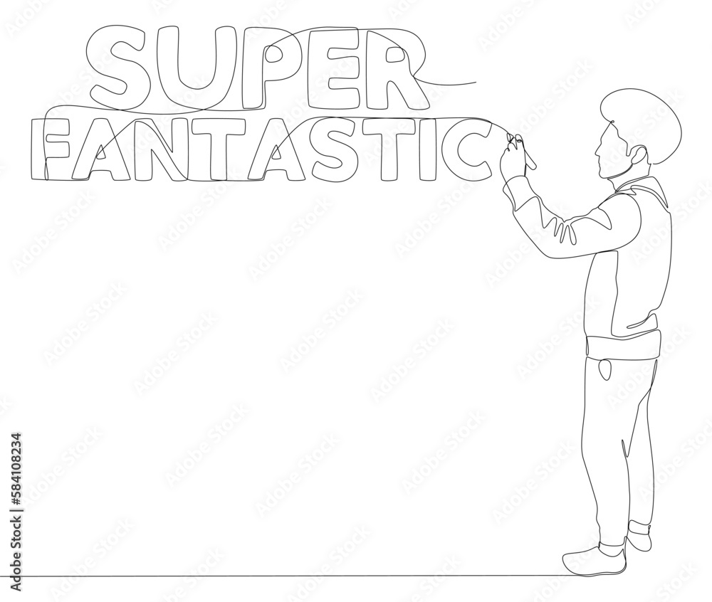 One continuous line of Man pointing with finger at Super Fantastic word. Thin Line Illustration vector concept. Contour Drawing Creative ideas. One continuous line of Man pointing with finger at Super Fantastic word. Thin Line Illustration vector concept. Contour Drawing Creative ideas.