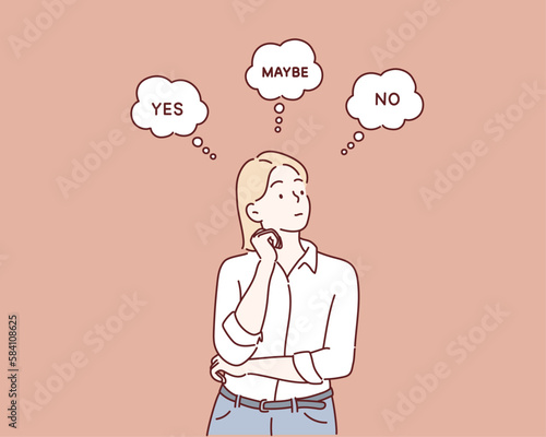 Woman standing sideways. Inscriptions yes, no, maybe around her shows decision making process. Hand drawn style vector design illustrations.