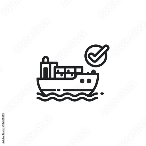 Cargo ship with check mark, shipment outline icons. Vector illustration. Isolated icon suitable for web, infographics, interface and apps.