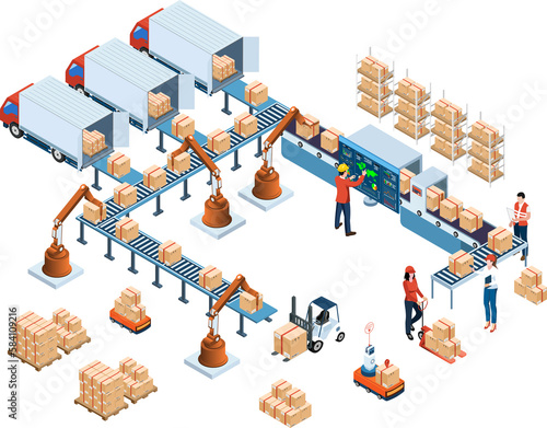3D isometric warehouse simulation and Smart warehouse technology Concept with Automation System and Robot Transportation operation service.