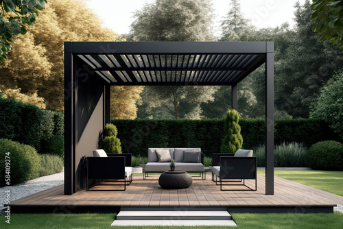 Foto Modern black bio climatic pergola with top view on an outdoor patio