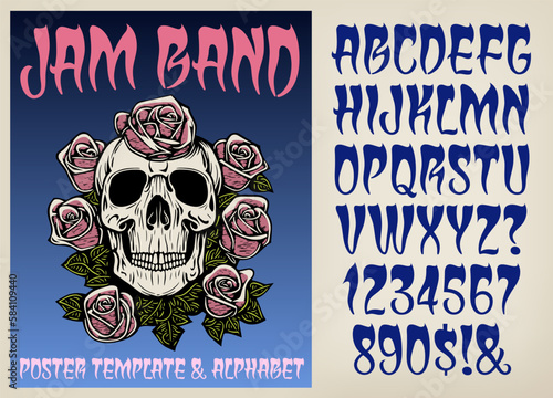 A poster template with accompanying alphabet. Poster style is in the musical genre of jam band music shows, shirts, album covers, and promotions. Also appropriate for Day of the Dead graphics.