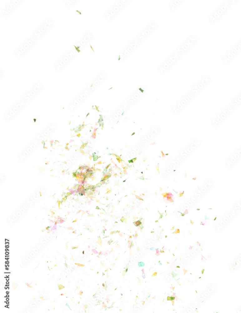 Explosion metallic gold green glitter sparkle bokeh isolated white background decoration. Golden Glitter powder spark blink celebrate, blur foil part explode in air, fly throw gold glitters particle