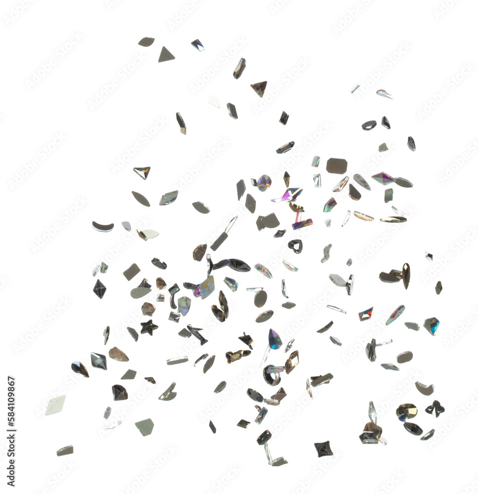 Diamond glass glitter sparkle explosion isolated white background decoration. Many Diamond Glitter spark blink celebrate, Small glass decorate explode in air, high speed shutter freeze motion