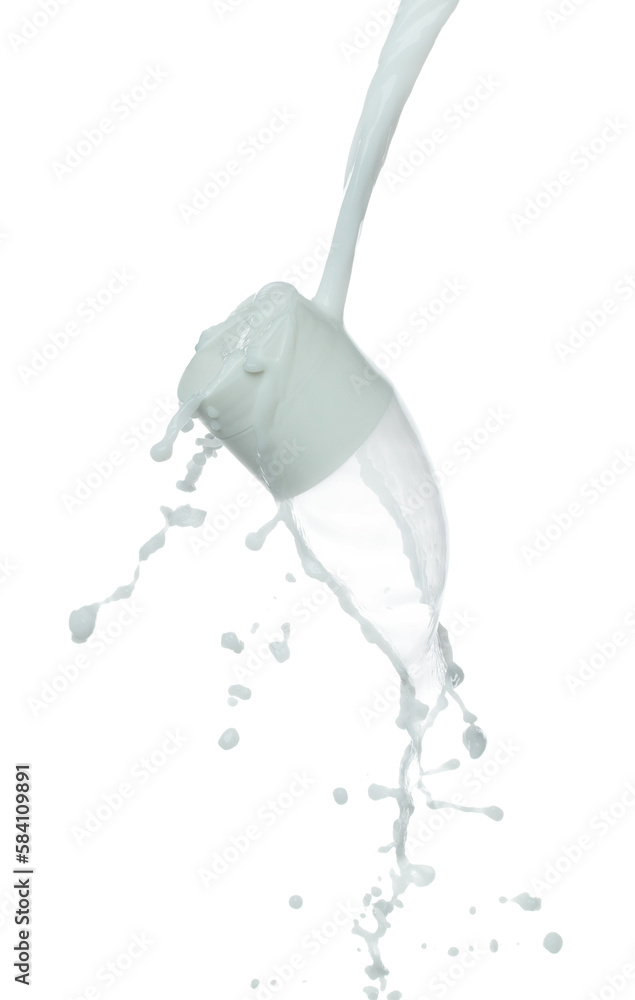 Cosmetic container white lotion droplet shape form fly splashing. Milk lotion pour float to cosmetic bottle. Moisturizer lotion explosion spill. White background isolated high speed shutter freeze Cosmetic container white lotion droplet shape form fly splashing. Milk lotion pour float to cosmetic bottle. Moisturizer lotion explosion spill. White background isolated high speed shutter freeze