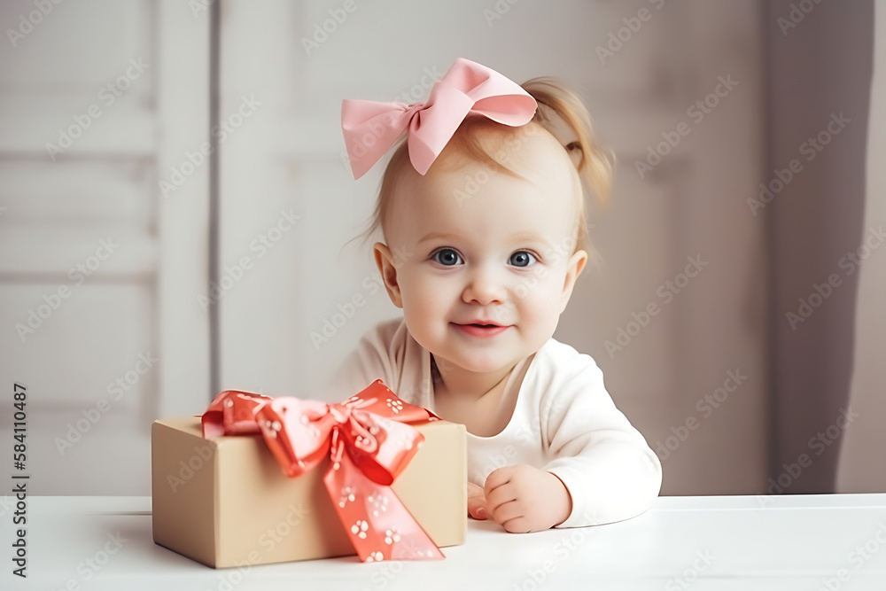 Toddler with gift box for mother's day, father's day, birthday with space for text, Generative Ai