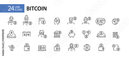 Set of 24 bitcoin icons. Worldwide cryptocurreny use. Modern technology virtual finances. Pixel perfect, editable stroke