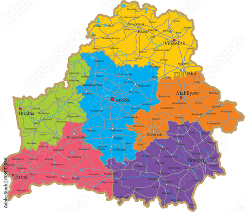 Vector color administrative map of the Republic of Belarus. The territory of the state with large cities and borders of regions.